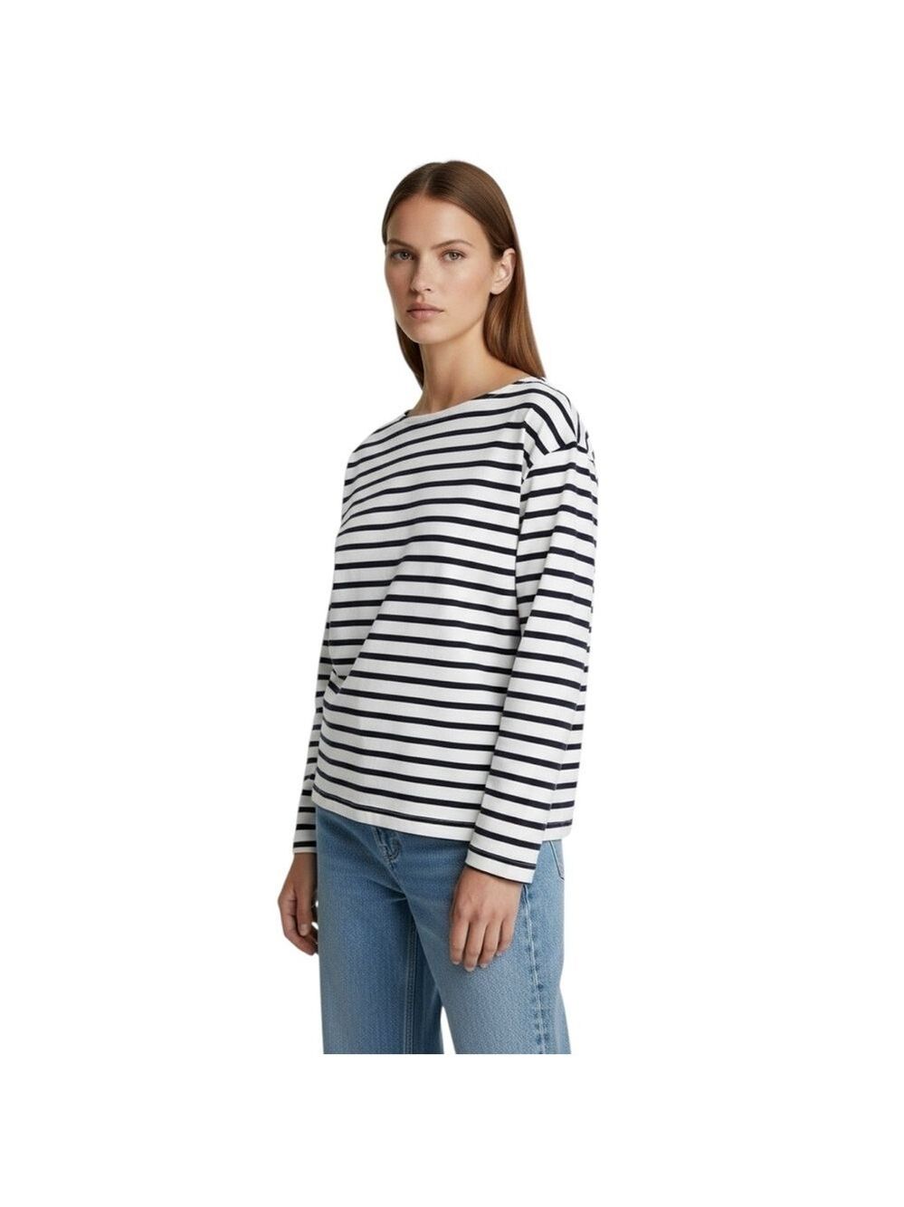 Zara Navy Blue White Breton Striped Long Sleeve Boatneck Top Women’s Size Medium